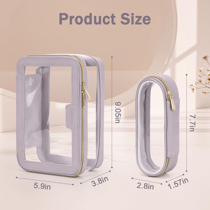 Travel Clear Makeup Bag with Makeup Brush Bag, Leather Makeup Case Toiletry Bag, Portable Cosmetic Bag Case, Transparent Waterproof Cosmetic Organizer Storage Bag for Women, Purple