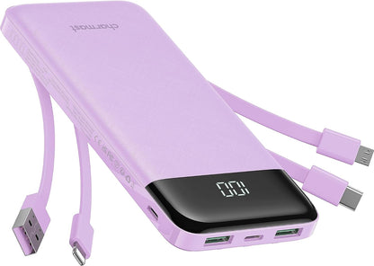 charmast Portable Charger with Built in Cables, Power Bank with Cords Wires, Slim 10000mAh Travel Battery Pack 6 Outputs 3 Inputs 3A Fast Charging for Samsung Google Pixel LG Moto iPhone iPad