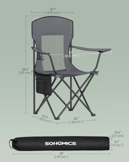 SONGMICS Breathable Camping Chairs, Foldable Outdoor Chairs Set of 2, High Back, Adjustable Armrests, Drink Holder, Weight Capacity 330 lb, for Sports Garden Backyard, Slate Gray UGCB028G01