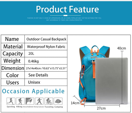 Small Hiking Backpack, 20L Lightweight Travel Backpacks For Men Women, Water Resistant Outdoor Day Pack, Ultralight Camping Daypack Backpacks, Durable Hiking Backpack Fit For Camping.(With Rain-cover)