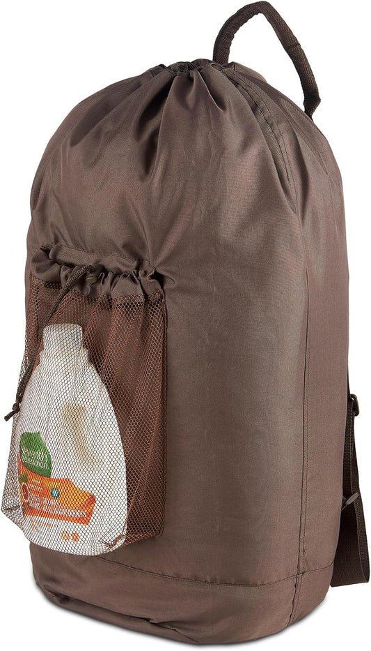 Large Laundry Backpack Bag with Detergent Holder and Adjustable Shoulder Straps, Clothes Laundry Backpack for College, Travel, Apartment, Laundromat, Dorm Room (Brown)