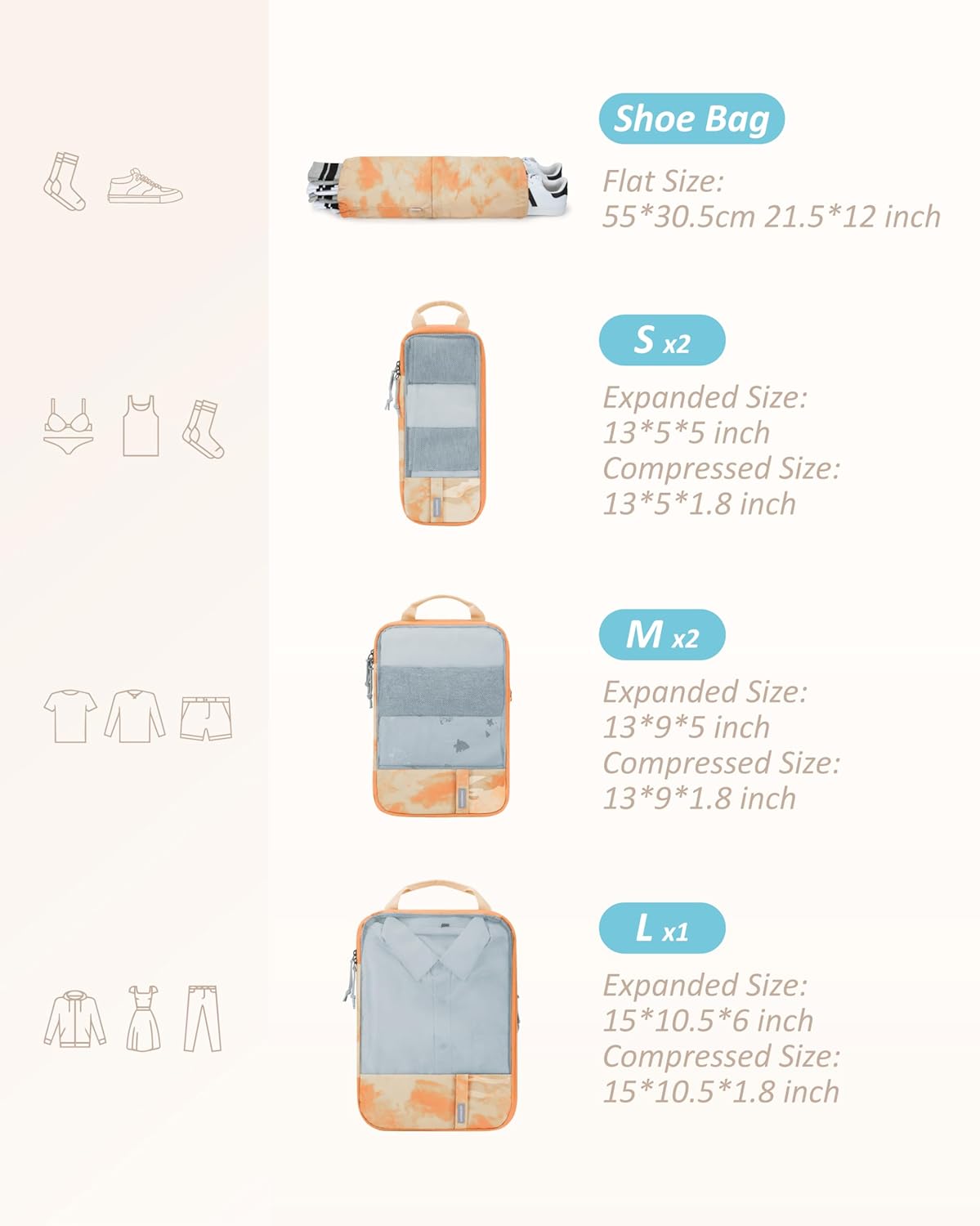 BAGSMART 6 Set Compression Packing Cubes - Lightweight Travel Essentials, Durable Luggage Organizer