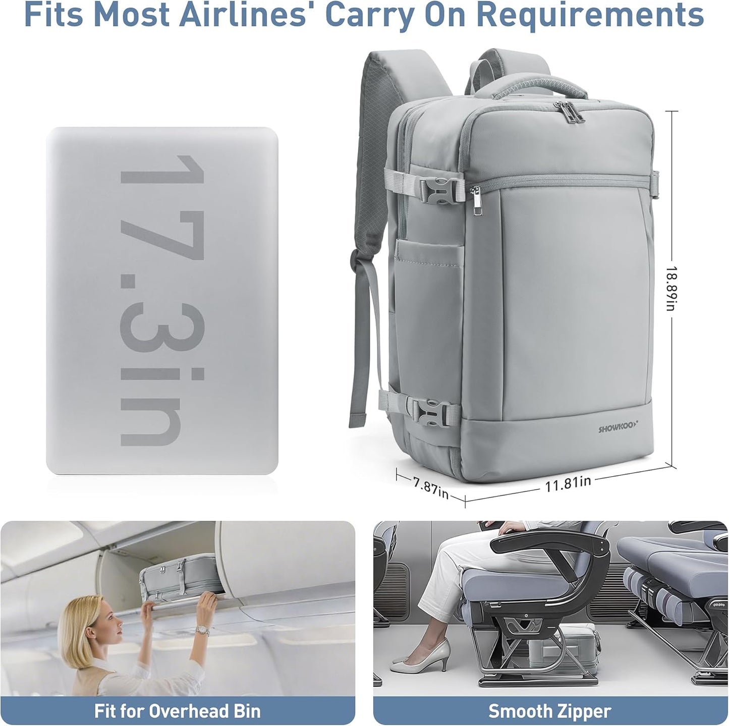 SHOWKOO 40L Travel Backpack for Men & Women, Airline Approved Carry On Laptop Backpack Fits 17.3", Waterproof Personal Item Bag Expandable Large Capacity Weekender Backpack