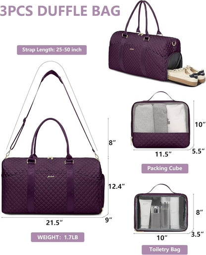 Women Duffle Weekender Travel Bag: Large Duffel Bags with Shoe Compartment Carry On Overnight Tote Bag with Wet Pocket Toiletry Bags Weekend Gym Yoga Hospital Bag for Womens Dark Purple 3Pcs Set