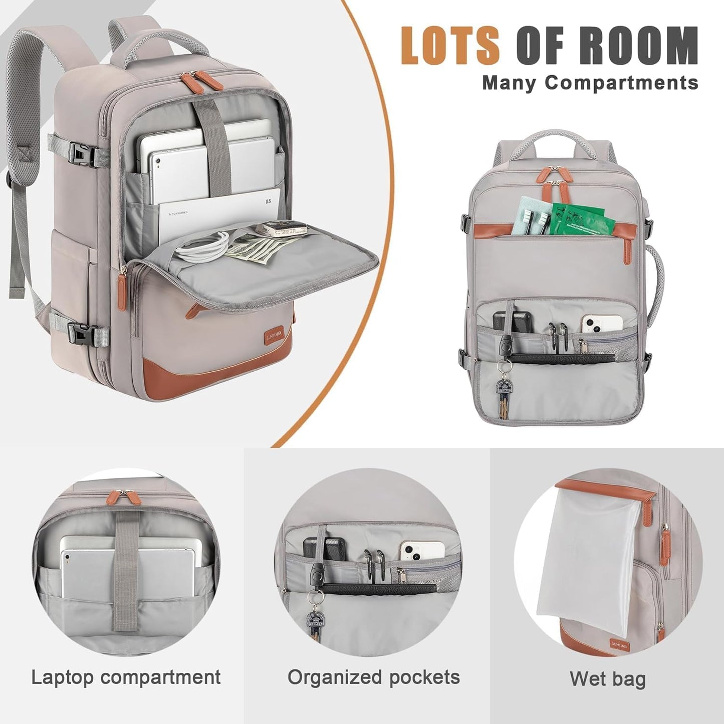 50L Travel Backpack with USB Charging Port, Water-Resistant Carry On Backpack for Men Women, Business Laptop Backpack for Trips & Commutes, Fits 18 Inch Laptop