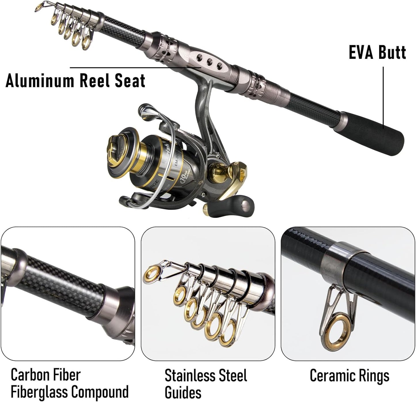 Dr.Fish Fishing Rod and Reel Combos 125-Pieces Telescopic Spinning Pole Reel Gear Equipment Set with Tackle Bag for Adult Collapsible Travel Complete Fishing Set Men Starter Freshwater Saltwater
