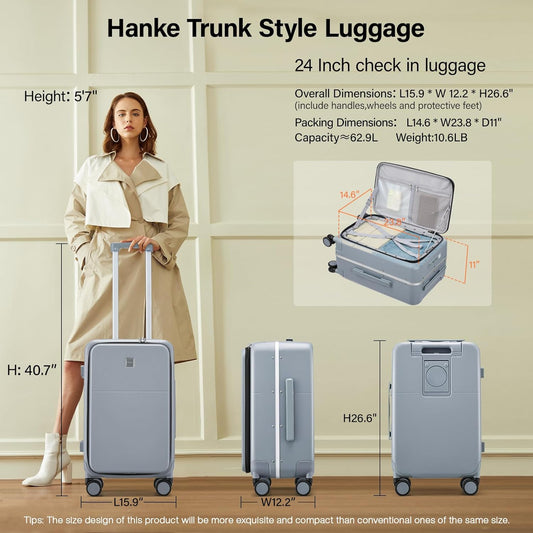 Hanke 24 Inch Luggage with Cup Holder and Charge,Top Opening Hard Shell Suitcases with Wheels and Dividers,Aluminum Frame Trunk Luggage Medium Checked Suitcase with Lock for Travel,Gray