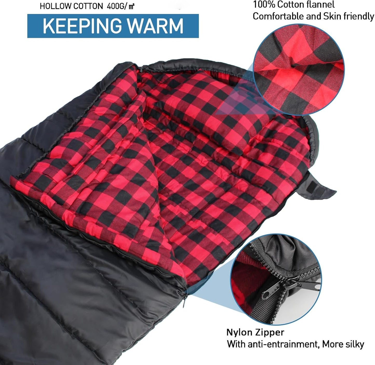 0 Degree Sleeping Bag Cotton Flannel Winter Cold Weather for Adults XXL Sleeping Bag 4 Season Big and Tall with Pillow Compression Sack