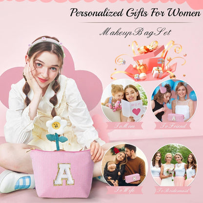 YOOLIFE Personalized Birthday Gifts for Women Teacher, Initial Cute Pink Cosmetic Makeup Bag Pouch Case Travel Toiletry Make Up Bag for Women Friends Female Friendship Girlfriend Wife Gifts Idea D