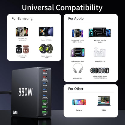 880W USB C Charger Block Charging Station 8 Port Fast Chager 140W PD PPS AVS HUB Laptop MacBook Charger Compatible with All iPhone 17 Pro Max/17 Air/16 SE/Samsung Galaxy 25/ MacBook Pro/Air/iPad Pro