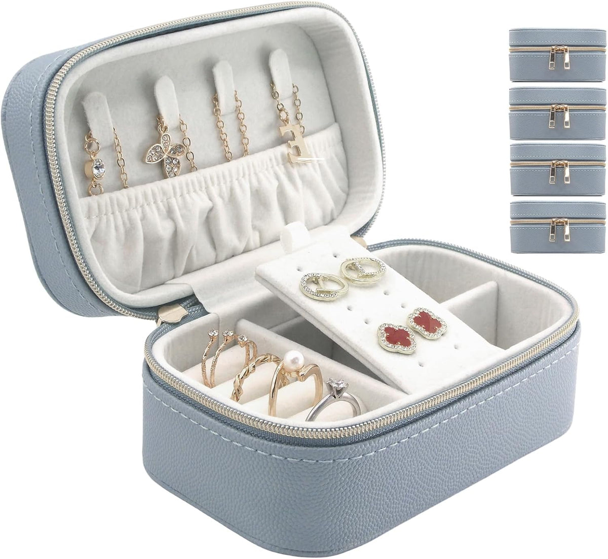 Travel Jewelry Case Bulk Of 4 For Women Weekend Trips, Gold Zip, PU Leather Compact Jewelry Organizer For Earring Bracelets Blue Travel Jewelry Box Set 4 Perfect For Small Bridesmaid Jewelry Box Gift