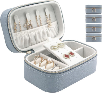 Travel Jewelry Case Bulk Of 4 For Women Weekend Trips, Gold Zip, PU Leather Compact Jewelry Organizer For Earring Bracelets Blue Travel Jewelry Box Set 4 Perfect For Small Bridesmaid Jewelry Box Gift
