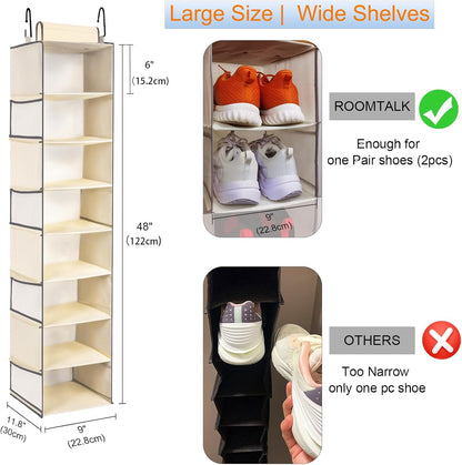Large-Sized Hanging Shoe Organizer 8-Shelf, Hanging Closet Organizer with 8 Side Pockets, Wider Hanging Shelves for Storage Shoes Clothes 9" W × 11.8" D× 48" H, Beige.