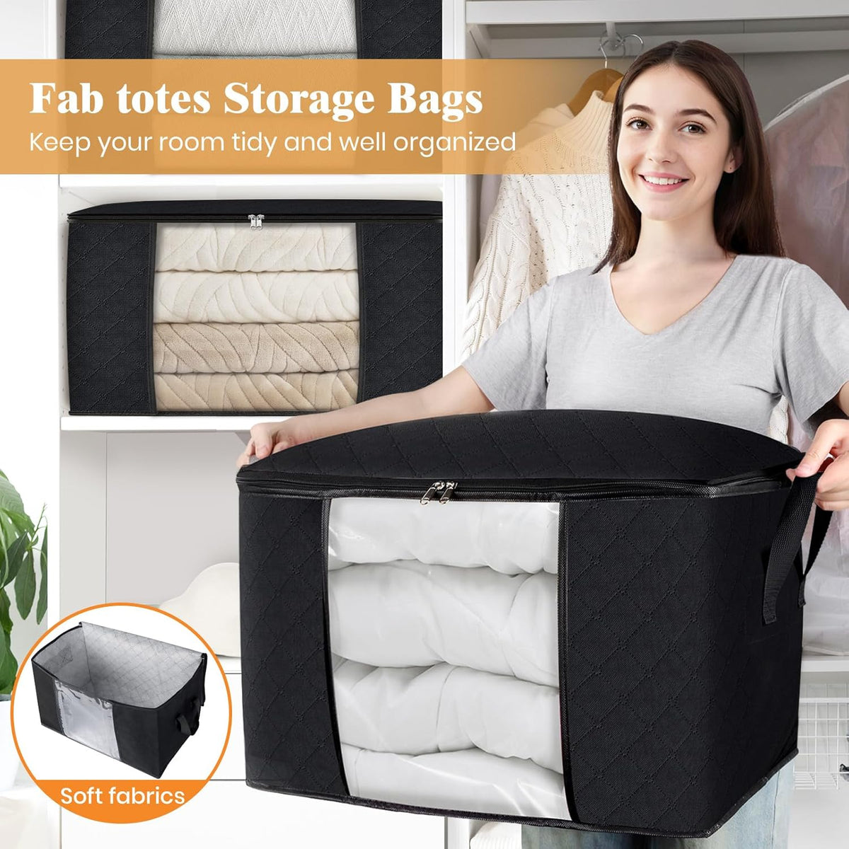 Fab totes 24 Gallons Clothes Storage, Foldable Thick Fabric Blanket Storage Bags, Containers for Organizing Bedroom, Closet, Clothing, Comforter, Organization with Handle (3 Pack,Black)
