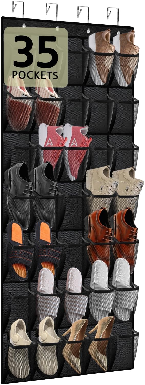 35 Pocket Over the Door Shoe Organizer,Reusable Breathable Large Mesh Bag Men's & Women's Sneaker Organizer,Shoe Organizer for Kids,Hanging Shoe Storage Hanging Bag (Black)