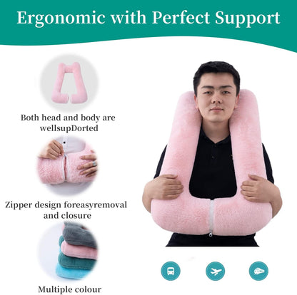 Travel Pillow Upgraded Version of Aircraft Travel Neck Pillow with Storage Bag, Sleep Pillows for Travel by Train, Car, or Plane, Supporting The Head and Body, Travel Pillow for Kids Pink