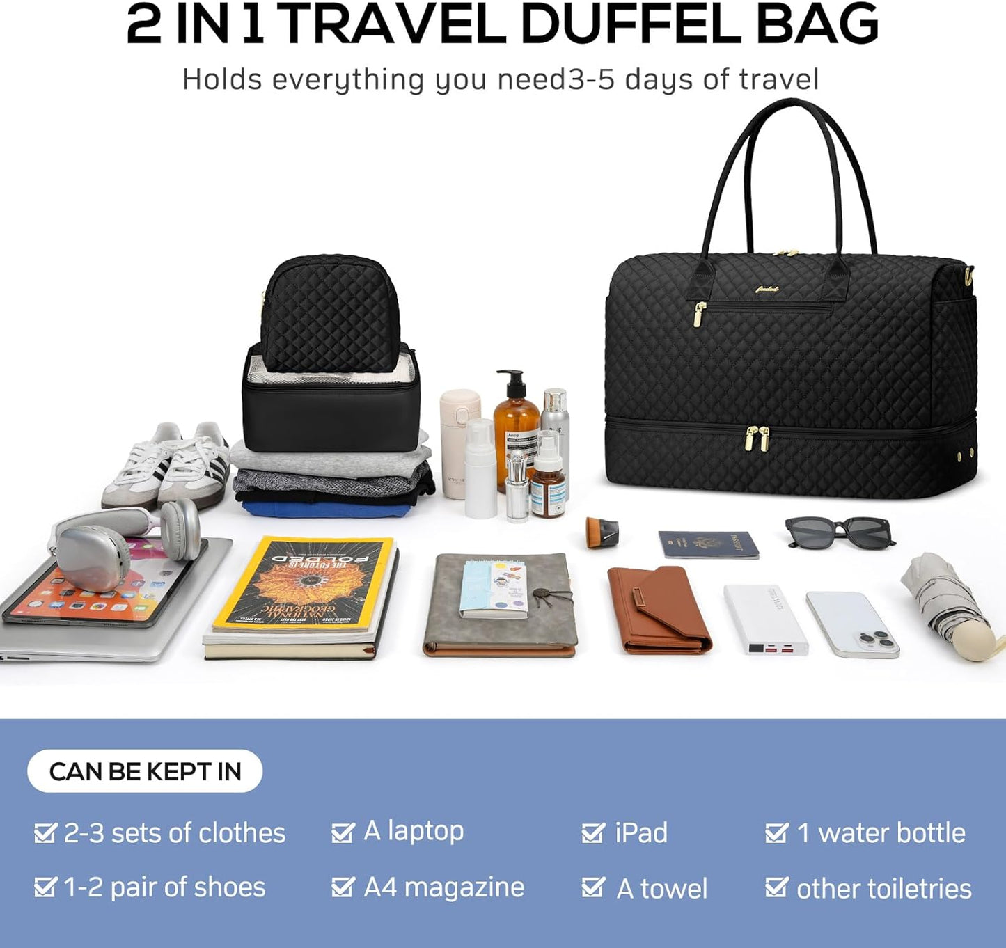 Travel Weekender Duffle Bag for Women - Overnight Bag with Shoe Compartment Carry on Bag with Toiletry Bag Gym Duffel Bag with Wet Pocket Hospital Bags for Labor and Delivery 3 Pcs Set Black