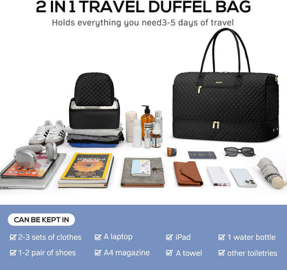 Travel Weekender Duffle Bag for Women - Overnight Bag with Shoe Compartment Carry on Bag with Toiletry Bag Gym Duffel Bag with Wet Pocket Hospital Bags for Labor and Delivery 3 Pcs Set Black