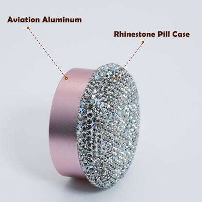 Small Pill Case 3 Compartments, Metal Round Portable Pill Box, Waterproof Travel Pill Organizer, Pocket Purse Medicine Vitamin Holder EDC Container (Rose Gold with Rhinestone)