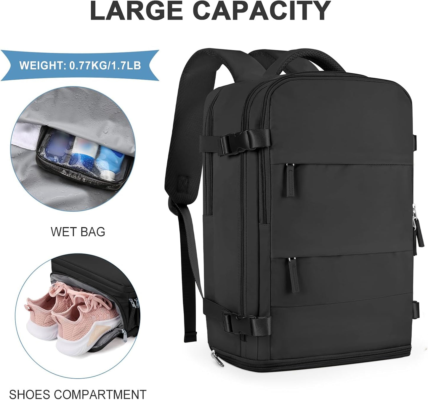 coowoz Travel Backpack For Women Men,Carry On Backpack,Hiking Backpack Waterproof Outdoor Sports Rucksack Casual Daypack Travel Essentials（Black） 25L
