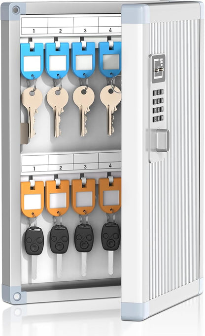 24 Slots Key Box Wall Mount with Code, Key Lock Box with Combination, Key Storage Box with Key Hooks & Tags & Lables, 8.45" x 2.55" x 13" (Silver-Code Lock, 24 Keys)