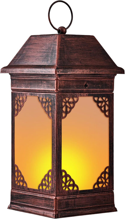14" Solar Lanterns Outdoor Waterproof, Glass Flickering Flame Solar Lantern, Hanging Metal Lantern Decorative for Patio Front Porch Garden Backyard Tabletop Party Decoration