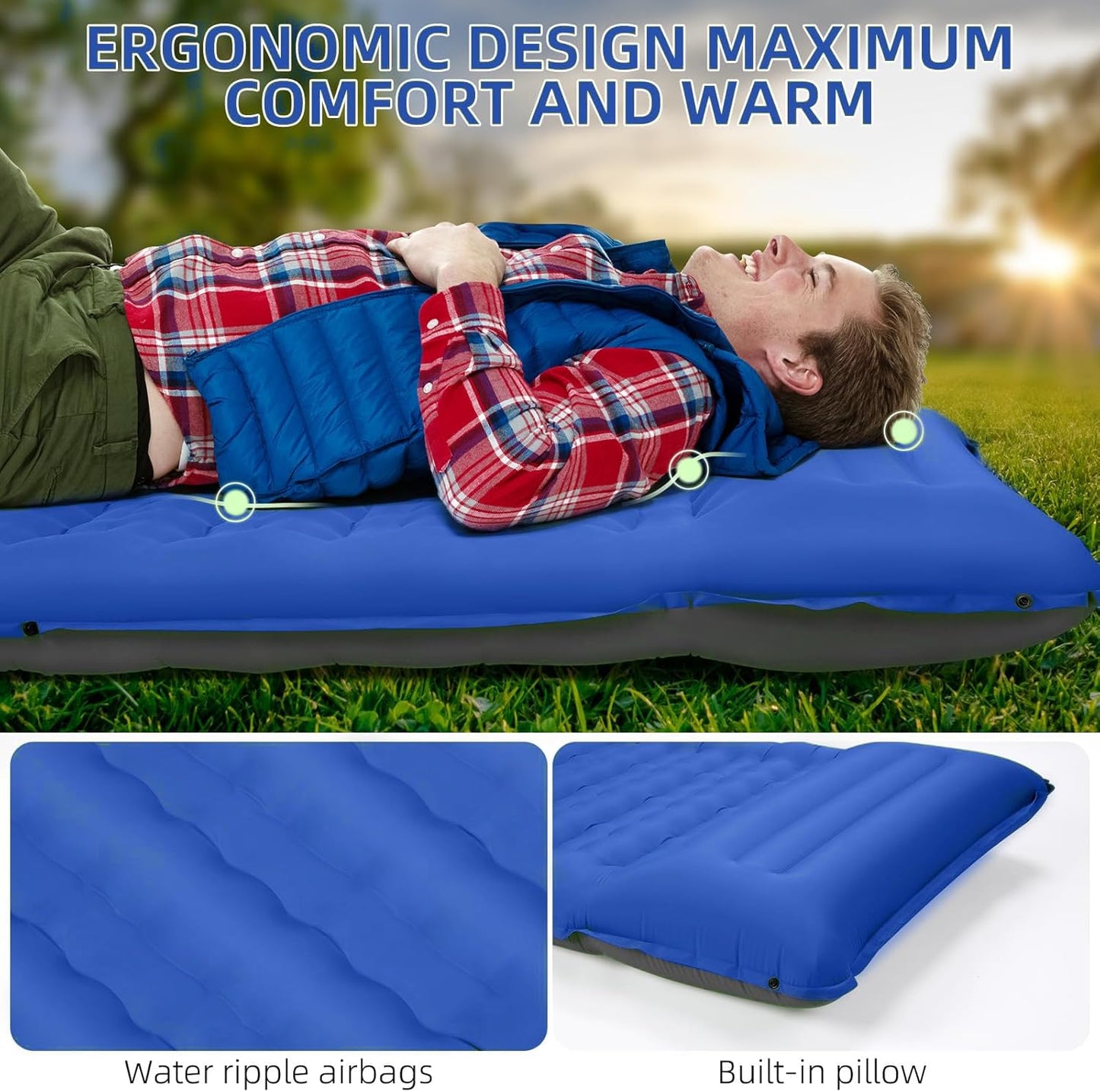 Camping Sleeping Pad 5 Inch, Inflatable Sleeping Pad with Pillow & Built-in Foot Pump - Extra Thick Air Mattress for Camping, Backpacking, Tent - Lightweight Compact Floor Bed (Blue Grey)