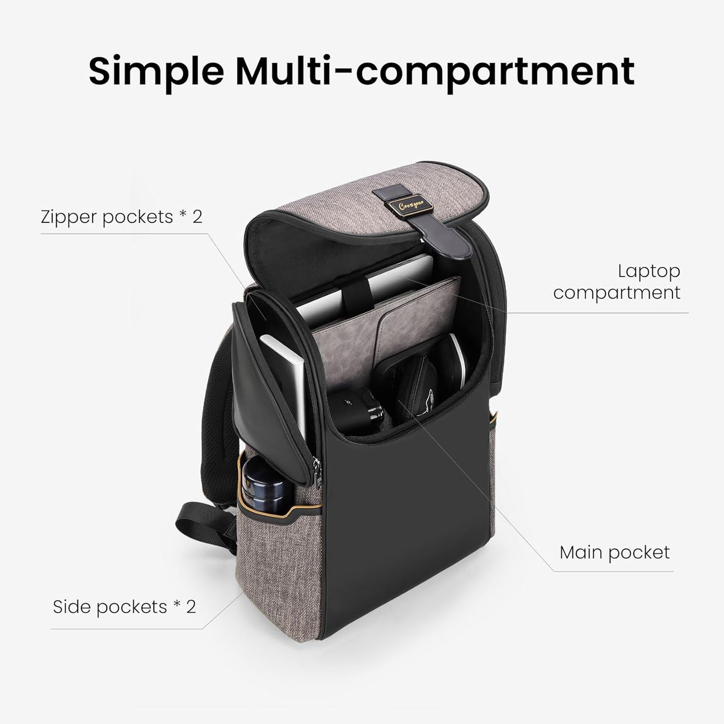 CROSSGEAR Casual Daypack Backpack, Lightweight, Shock-absorbing Padding Strap, Breathable Back, Work Business Laptop Backpack for Men, Multi-Pocket, Water-resistant, 14” Laptop Compartment, 24L