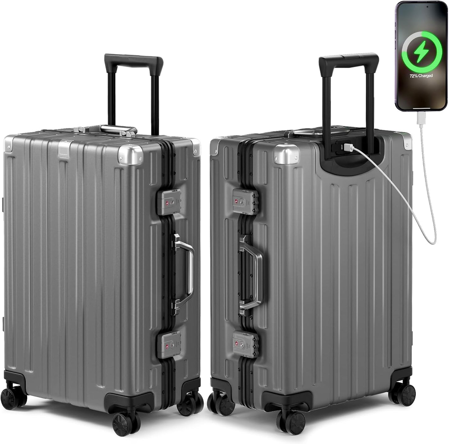 Krute Checked Aluminum Frame Suitcase 24 Inch Zipperless Luggages Hardside PC Luggage With Spinner Wheels TSA Lock USB Charger Suitcases(1 Piece)
