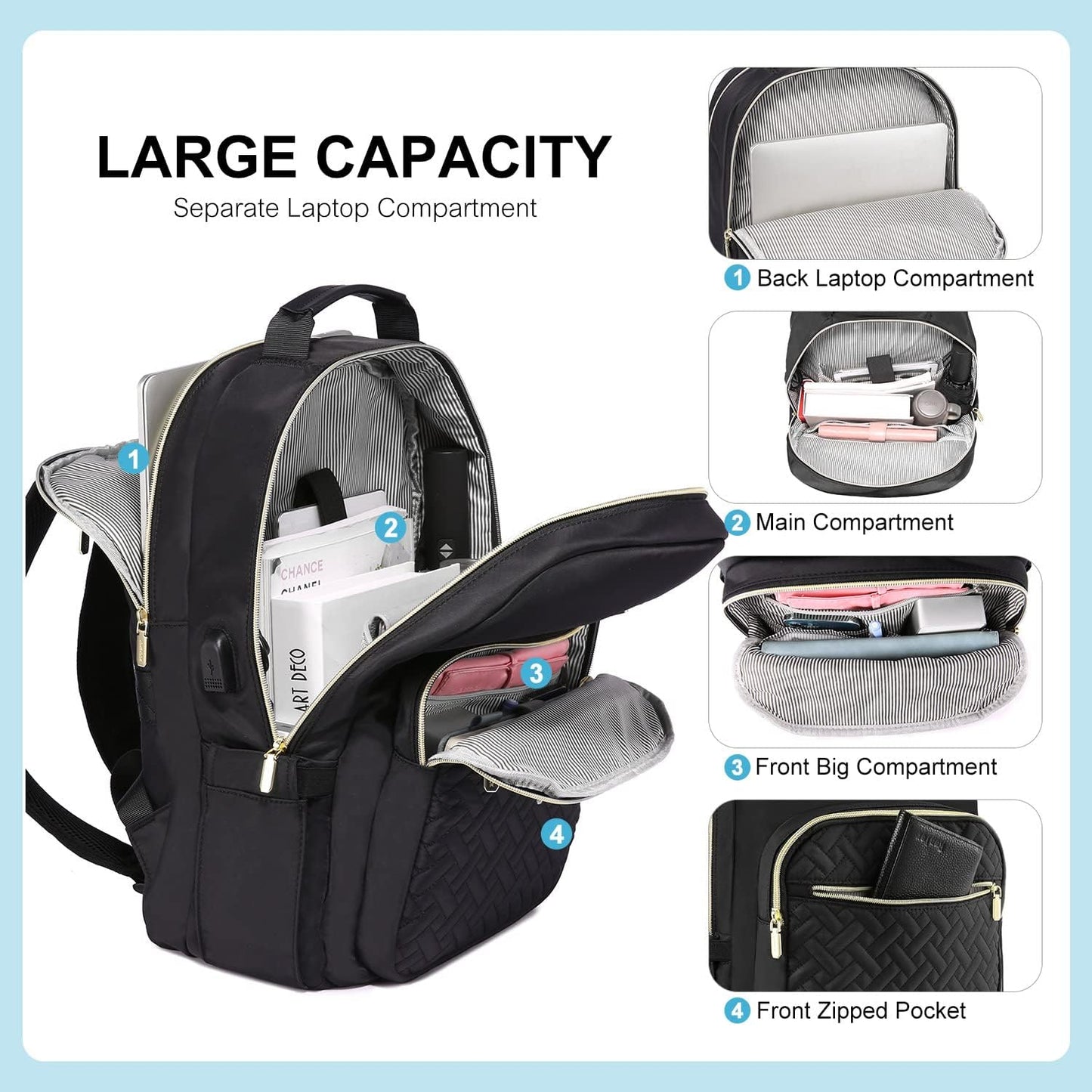 LOVEVOOK Laptop Backpack for Women, Stylish Quilted Backpacks Purse for Business Work Travel, Computer Bags Bag, with USB Port fits 15.6-inch Laptop, Black