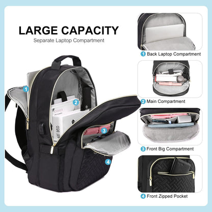 LOVEVOOK Laptop Backpack for Women, Stylish Quilted Backpacks Purse for Business Work Travel, Computer Bags Bag, with USB Port fits 15.6-inch Laptop, Black