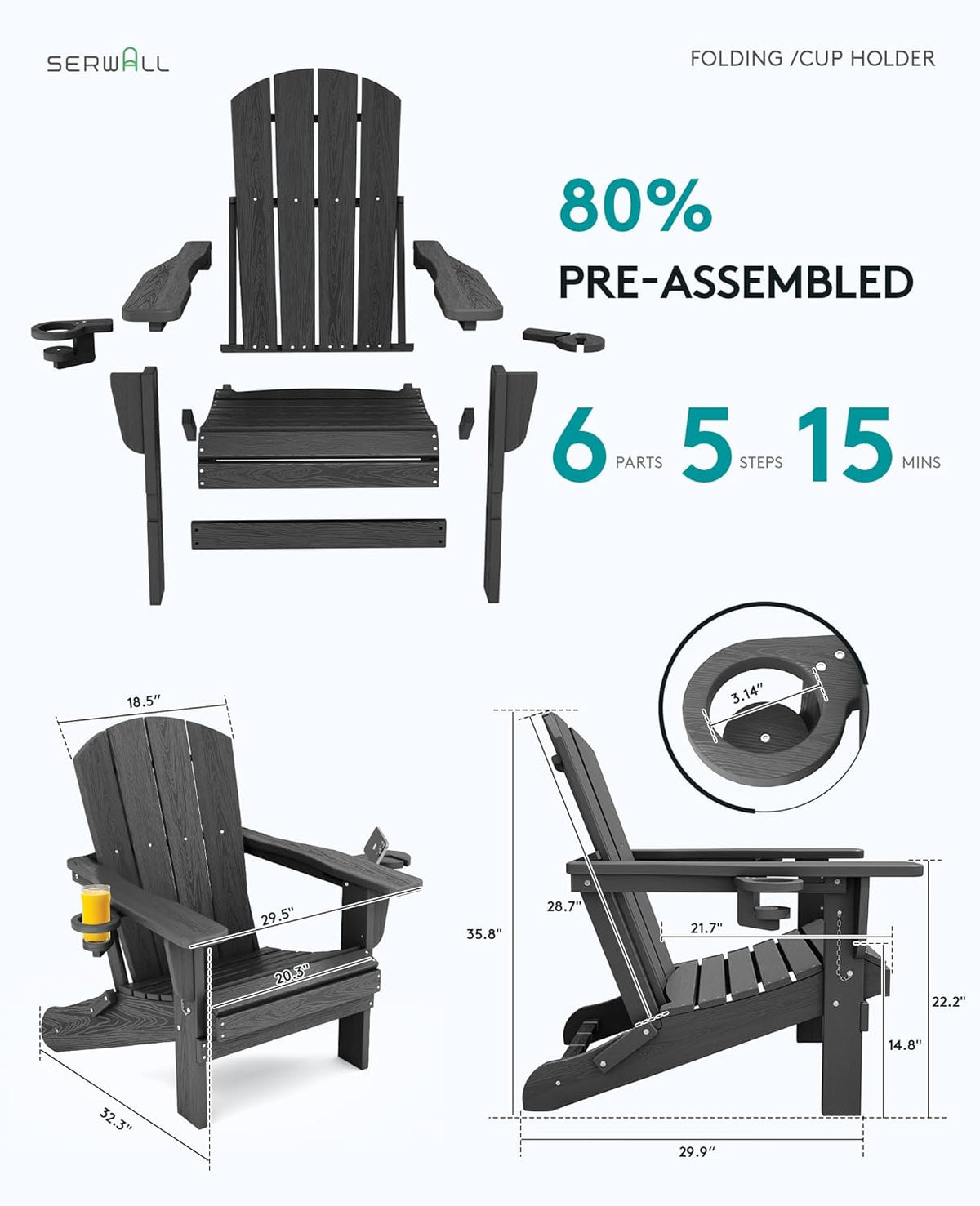 SERWALL Foldable Adirondack Chair Set of 4, HDPE Adirondack Chair with Wood-Texture-Gray