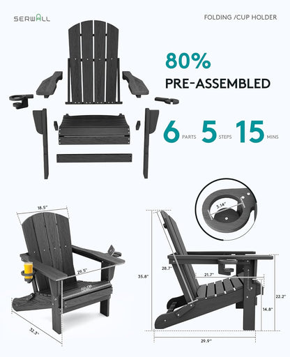 SERWALL Foldable Adirondack Chair Set of 4, HDPE Adirondack Chair with Wood-Texture-Gray