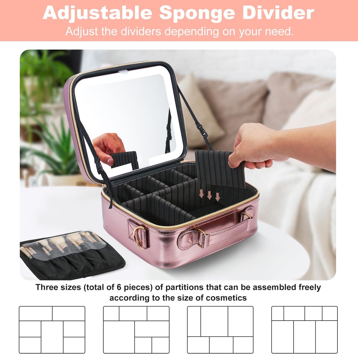 Mocado Travel Makeup Bag with LED Lighted Mirror, Travel Makeup Organizer, Makeup Case with 3 Color Lighted Setting and 10x Magnifying Mirror, Portable Storage and Adjustable Dividers (Champagne)