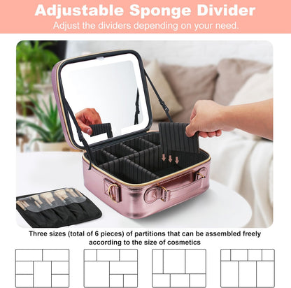 Mocado Travel Makeup Bag with LED Lighted Mirror, Travel Makeup Organizer, Makeup Case with 3 Color Lighted Setting and 10x Magnifying Mirror, Portable Storage and Adjustable Dividers (Champagne)