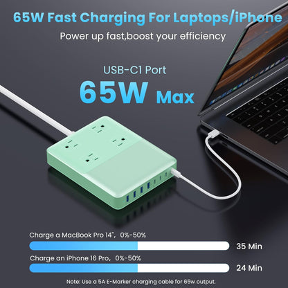 12-in-1 Charging Station USB C Power Strip with 5ft Cord,200W GaN IV USB C Charger Block,4 AC Outlets,4 USB-A,4 USB-C for MacBook,iPhone 16/15/14,Fast Charging Desktop Charger for Office (Green)