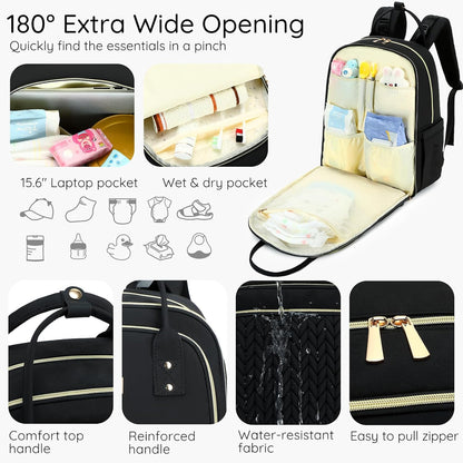 Diaper Bag Backpack - Large Multi functional, Boys, Girls & Baby Travel Essentials Tote with Changing Pad, Insulated Pockets, Stroller Straps, Waterproof - Baby Backpack for Mom & Maternity (Black)