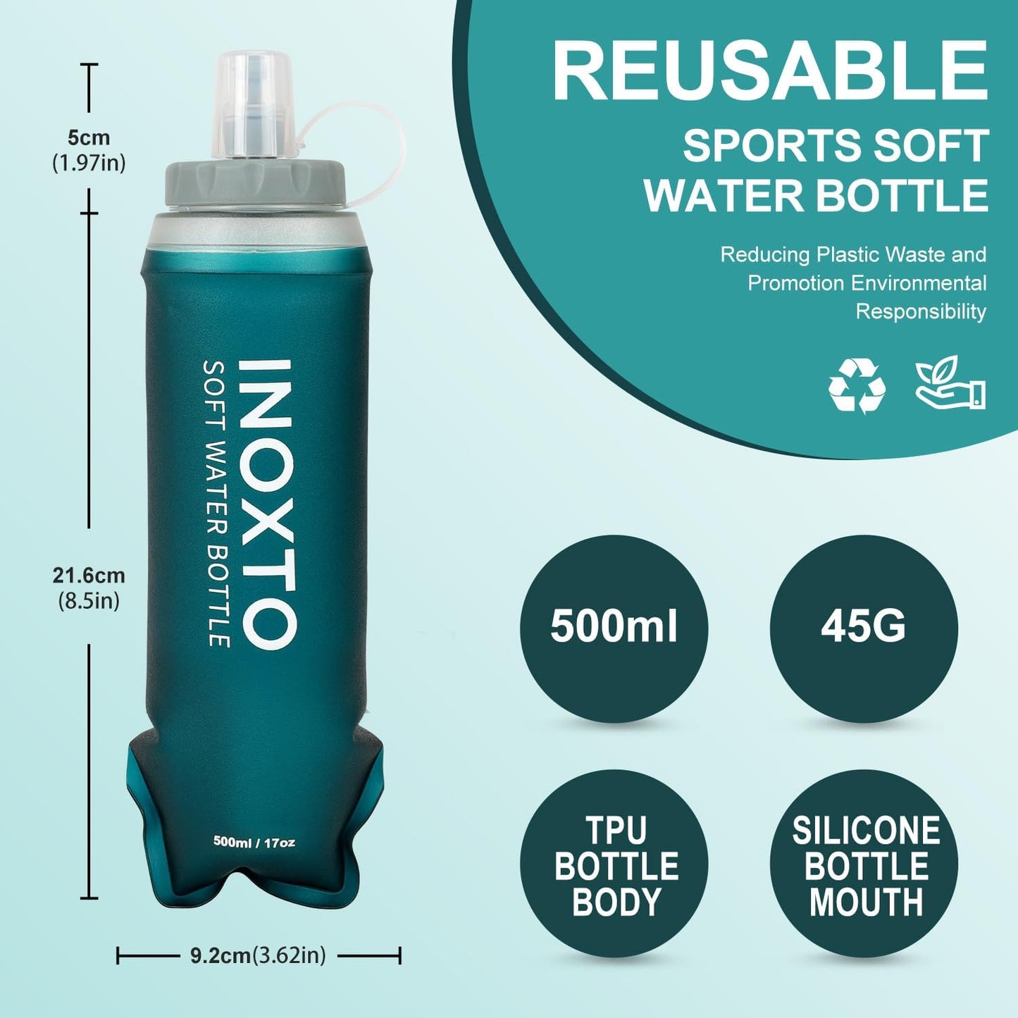 INOXTO Soft Flask,Collapsible Soft Water Bottles for Hydration Vests and Running Packs, Soft Flask Running Bottles for Hiking Cycling(250/500 ml) (2 PCS 500ML)