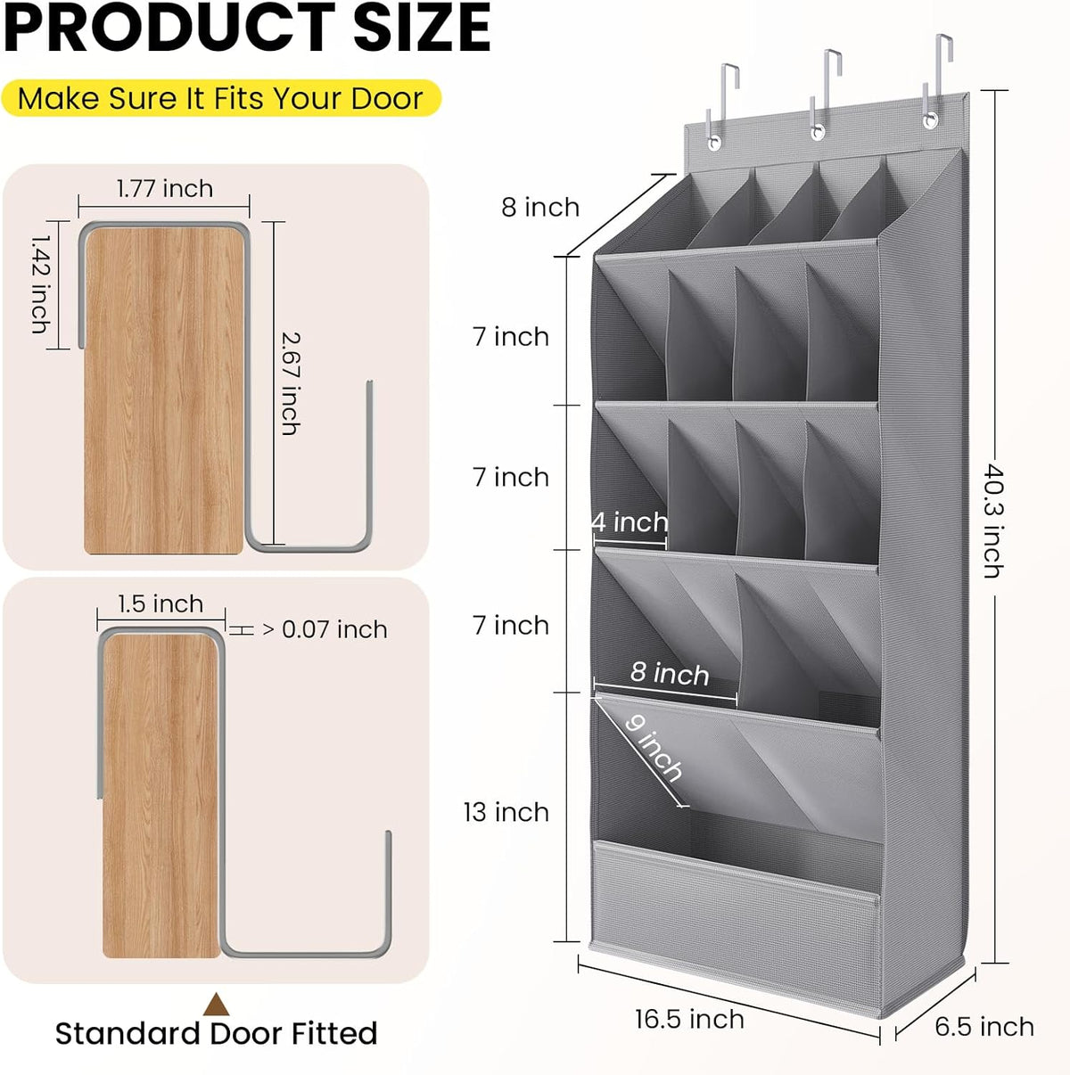 Over the Door Shoe Organizer for Closet, Shoes Rack for Closet with 15 Large Pockets, Hanging Shoe Organizers for Boot Storage, Behind the Door Narrow Shoe Holder for Small Shoes, Grey