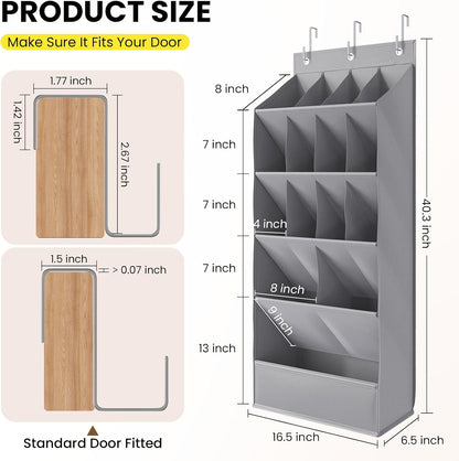 Over the Door Shoe Organizer for Closet, Shoes Rack for Closet with 15 Large Pockets, Hanging Shoe Organizers for Boot Storage, Behind the Door Narrow Shoe Holder for Small Shoes, Grey