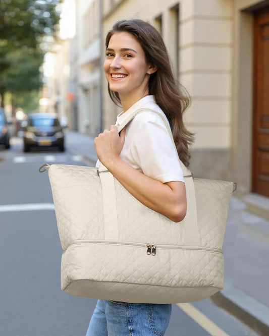 HOTOR Travel Duffel Bag - Weekender Bags for Women, Carry On Overnight Bag with Shoe Compartment, with Toiletry Bag for Travel Essentials and Travel Accessories, Beige, 13.4"×17.3"×7.9"