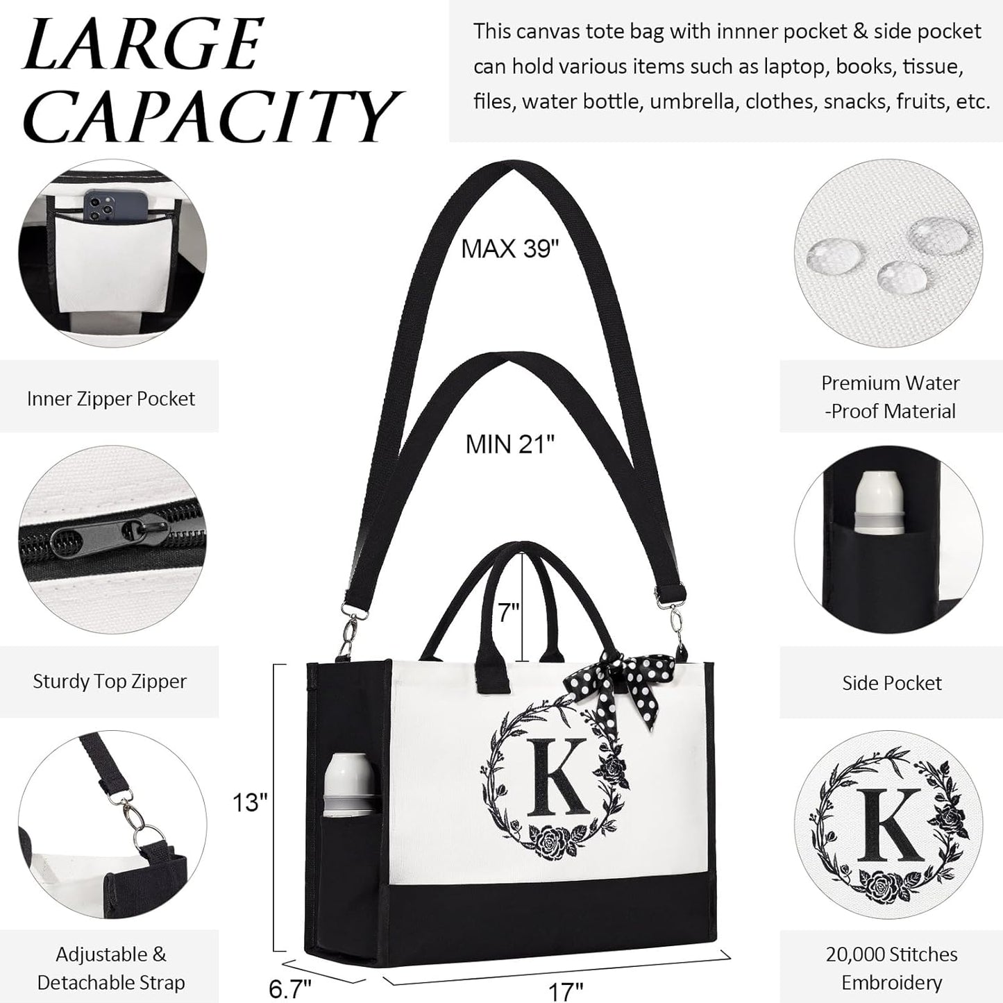 Personalized Mothers Day Gifts for Mom Women, Initial Canvas Tote Bag & Makeup Bag Monogrammed Beach Tote Bag for Women w/Zipper, Birthday Gifts for Her Wife Sister Friend Daughter Teacher Nurse