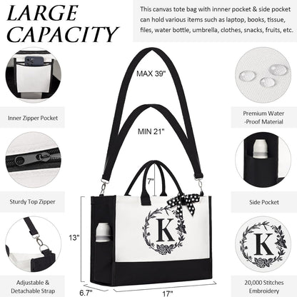 Personalized Mothers Day Gifts for Mom Women, Initial Canvas Tote Bag & Makeup Bag Monogrammed Beach Tote Bag for Women w/Zipper, Birthday Gifts for Her Wife Sister Friend Daughter Teacher Nurse