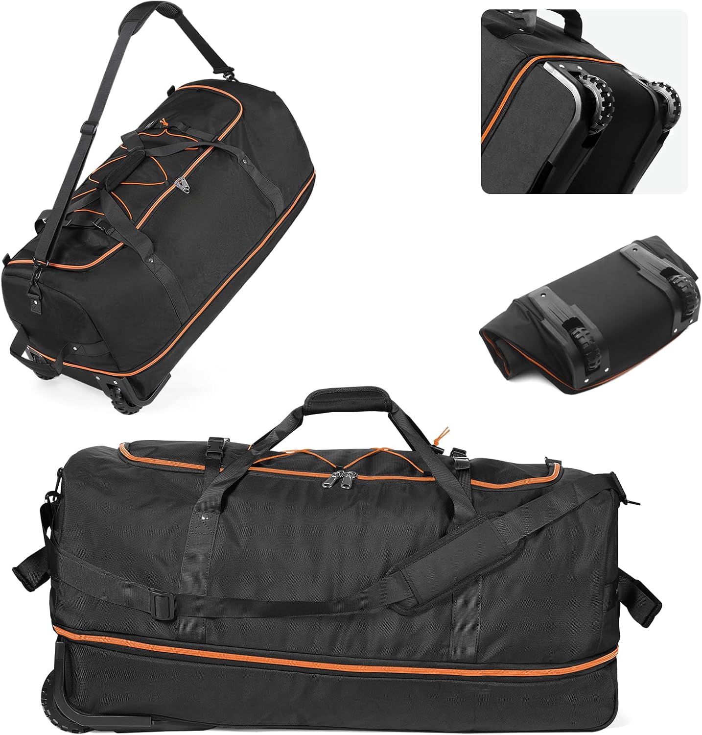 CONTAIL 32" Soft-Sided Rolling Duffle Bag with 2 Wheels,Expandable from 110L to 140L, Foldable Travel Duffel with Multiple Compartments,Black-orange