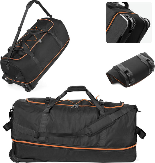 CONTAIL 32" Soft-Sided Rolling Duffle Bag with 2 Wheels,Expandable from 110L to 140L, Foldable Travel Duffel with Multiple Compartments,Black-orange