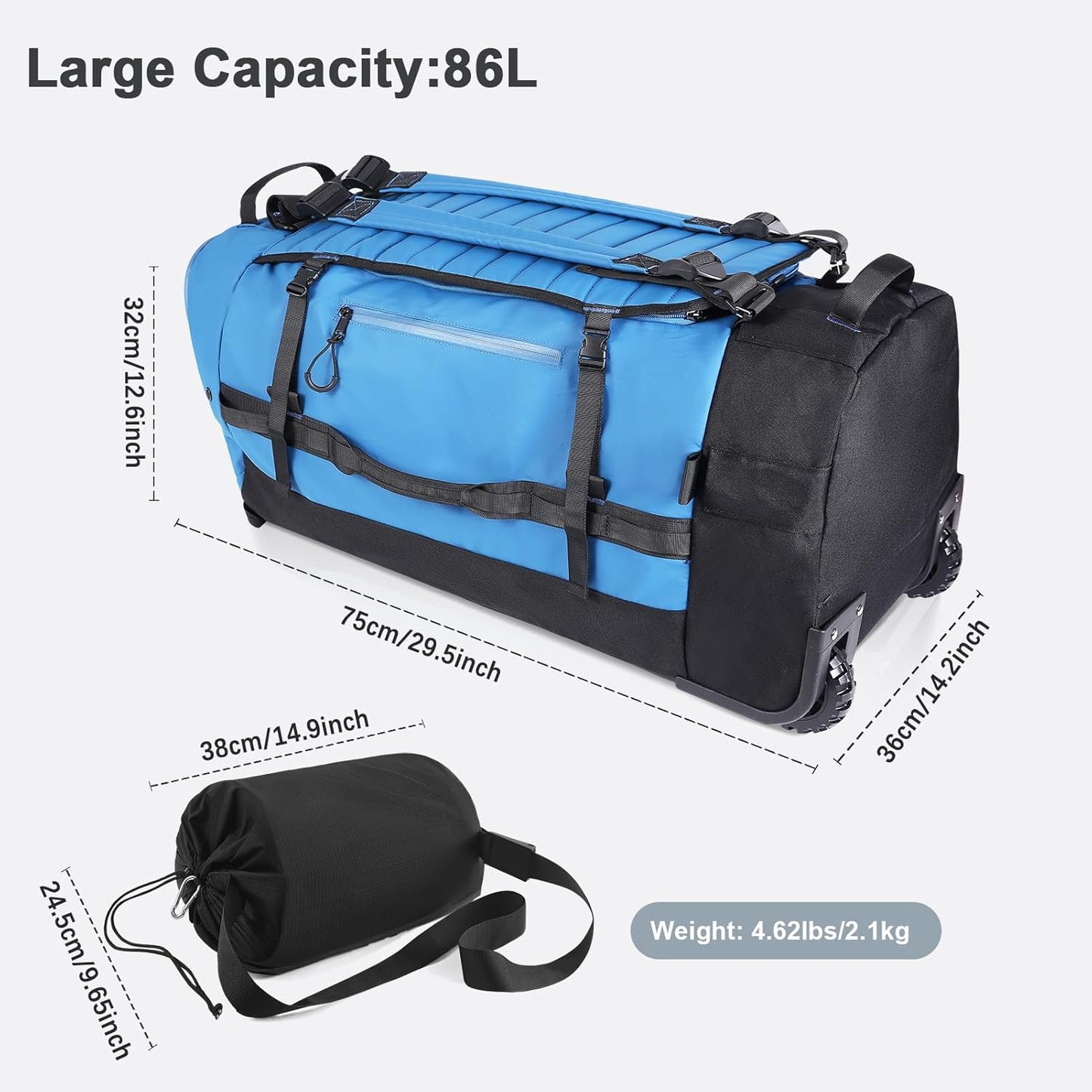 Rolling Duffle Bag with Wheels,86L 30”Folding Duffle Backpack with 2 Wheels,Travel Bag with Separate Shoe Compartment,Blue