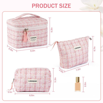 Makeup Bag 3 PCS Quilted Cosmetic Bags for Women, Large Travel Make up Bag Set Cute Cotton Toiletry Bag Organizer Pouch for Purse, Pink