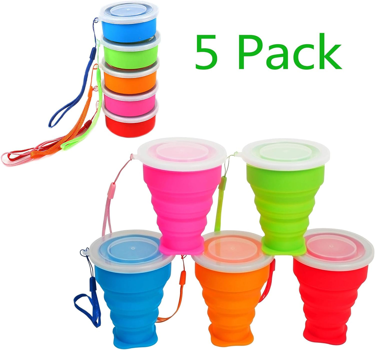 5 Pack Silicone Collapsible Cups for Traveling Foldable Camping Cups Collapsible Water Cup Portable Drinking Cups with Lids Collapsible Mug for Outdoor Hiking