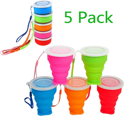 5 Pack Silicone Collapsible Cups for Traveling Foldable Camping Cups Collapsible Water Cup Portable Drinking Cups with Lids Collapsible Mug for Outdoor Hiking
