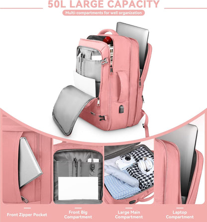 Travel Laptop Backpack for Women, 50L Expandable Extra Large Backpack,Carry On Backpack, Water Resistant Big Bag Anti-Theft Business Daypack Fits 17 Inch Laptop with USB Port, Pink